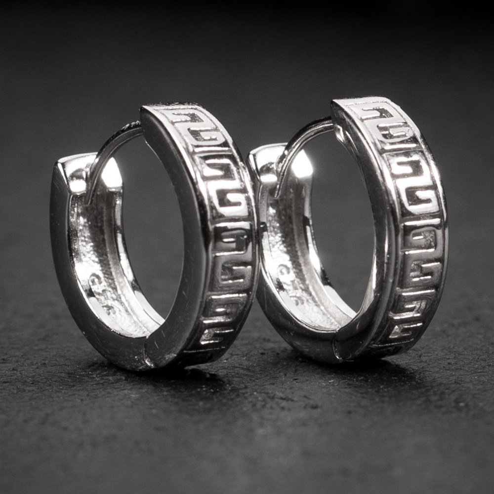 Small Solid White Gold Plated Sterling Silver Mens Greek Huggie Hoop Earrings